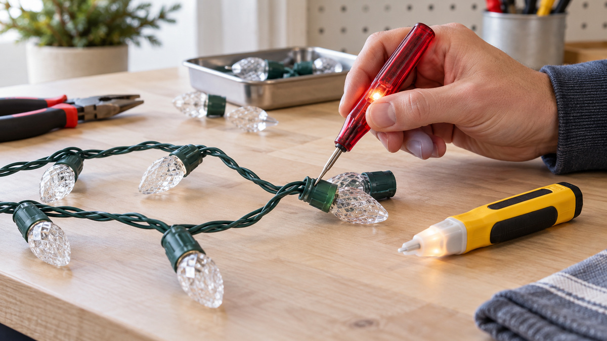 A Christmas light tester pen checking a string of holiday lights.
