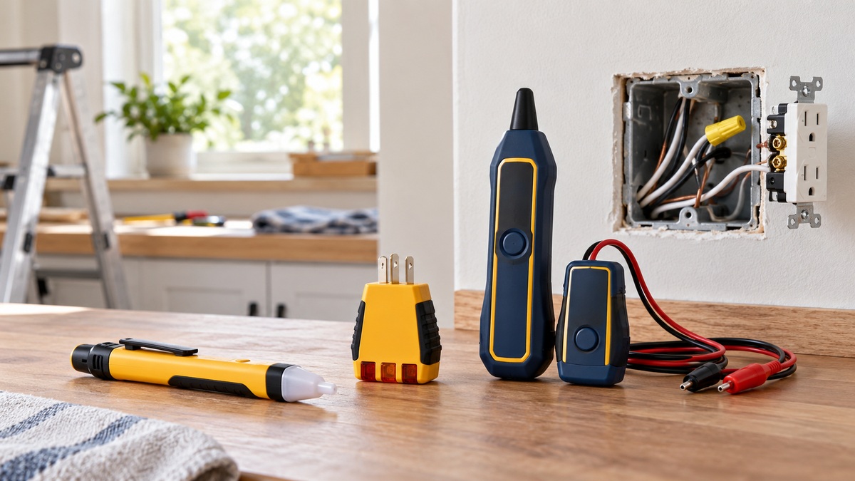 Several circuit detection tools are arranged beside a household electrical inspection area.