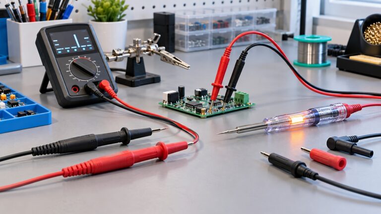 Circuit probes, insulated leads, and a test light arranged around a low-voltage circuit board.