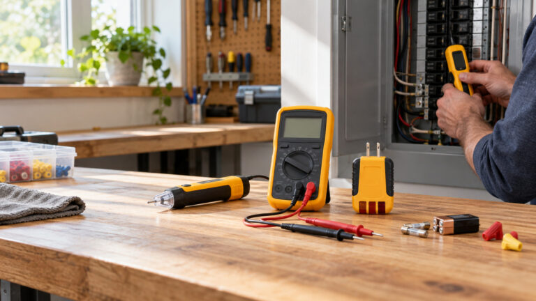 A workbench lineup showing an auto probe, outlet tester, and breaker finder next to a panel door.