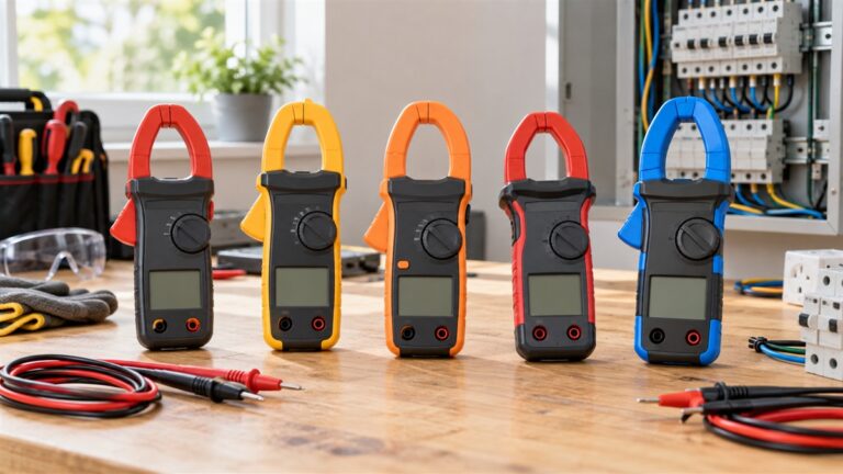 Generic clamp meters with insulated test leads arranged on a clean electrical workbench.
