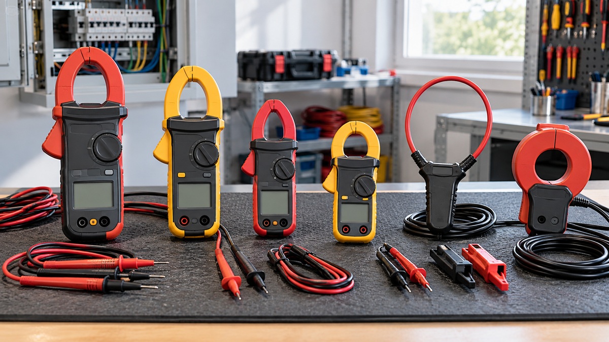 A lineup of generic clamp meters and probes on an insulated electrical workbench.
