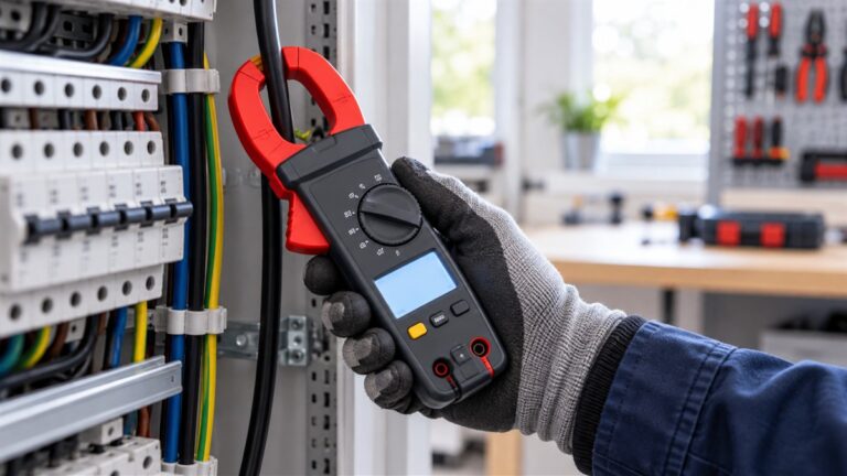 A hand holding a clamp meter around a single insulated cable, with the backlit display showing a reading.