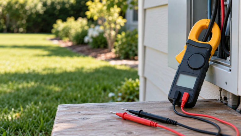 A close-up of a clamp tester around a single insulated wire with test leads nearby on a workbench.