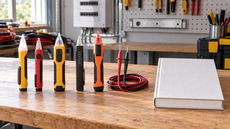 Several generic commercial voltage detectors and test leads on an electrician workbench.