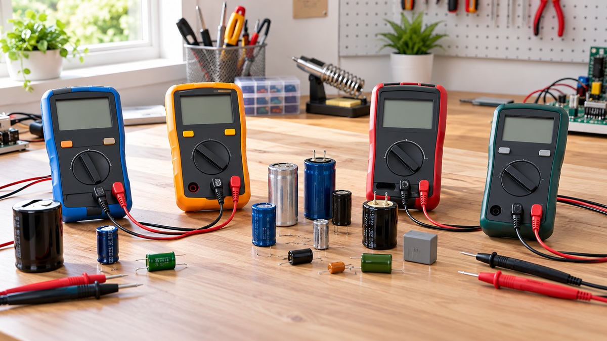Several capacitor testers and loose electronic components are arranged on a repair bench.