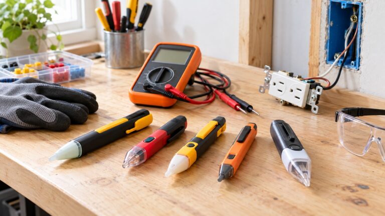 Pen-shaped voltage detectors and electrical testing equipment are arranged on a bright wooden workbench.