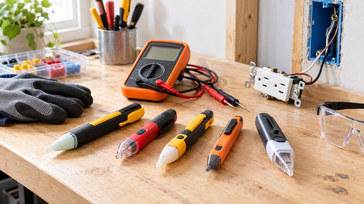 Pen-shaped voltage detectors and electrical testing equipment are arranged on a bright wooden workbench.