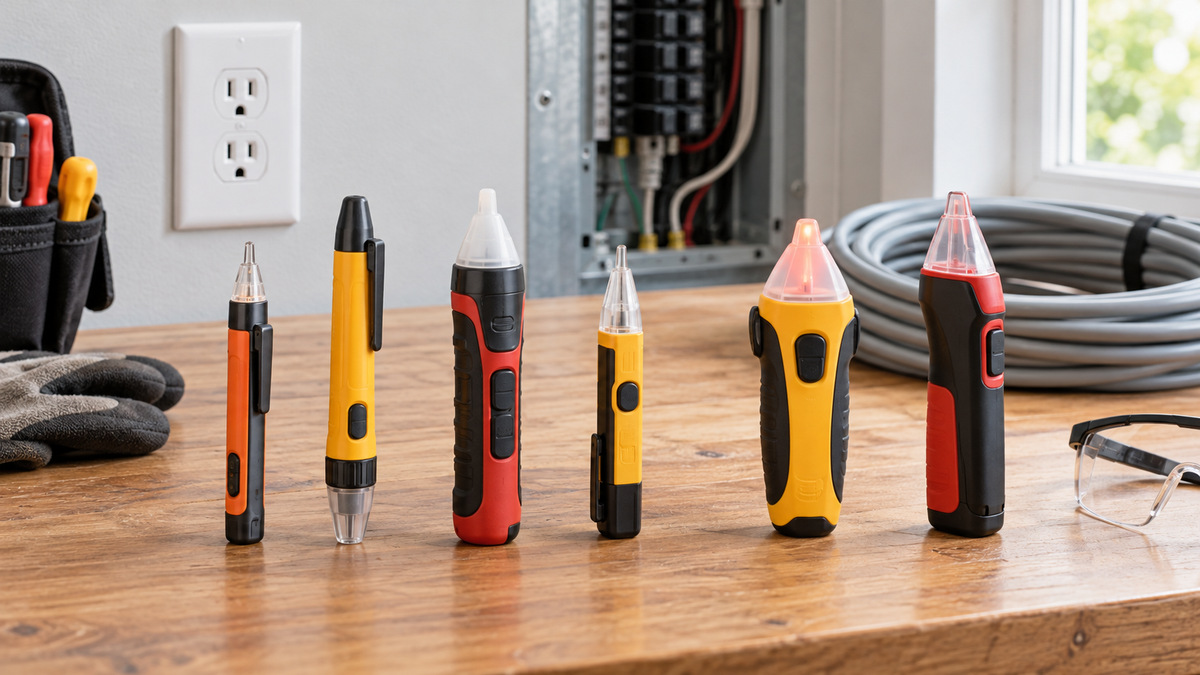 A clean editorial comparison scene showing generic contactless voltage meter options side by side.