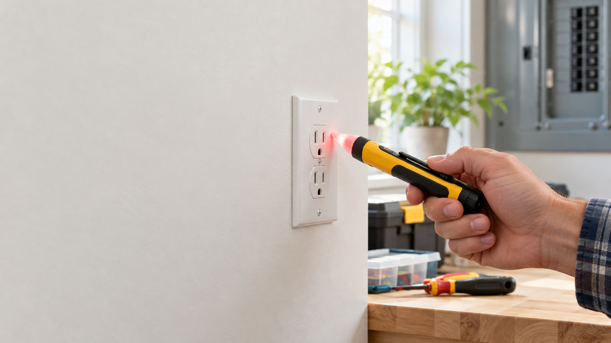 A close-up of a pen-style contactless voltage tester near an outlet with its red LED lit.