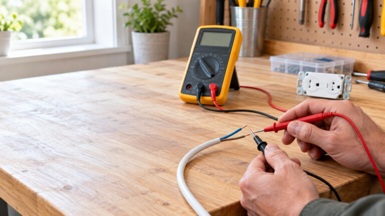 A close-up of hands testing a de-energized wire with a continuity tester on a workbench.