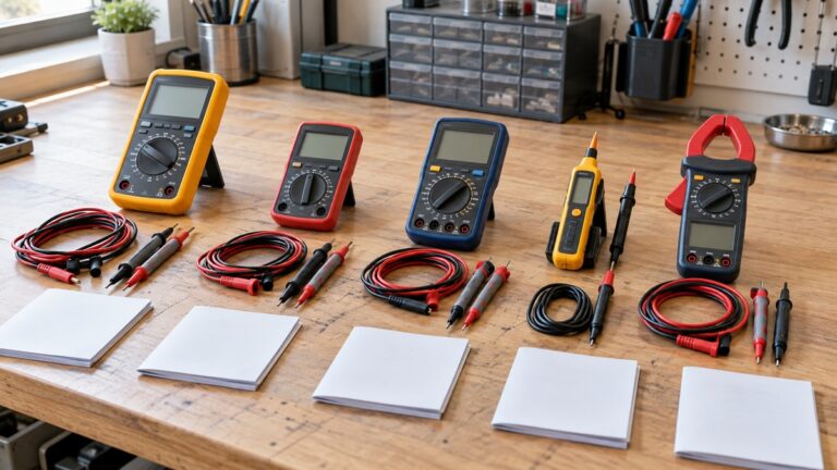 Several generic electrical testers, probes, and blank manuals arranged on a bright workshop bench.