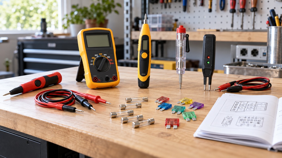 Continuity testers and fuse-testing tools arranged neatly on an electrician workbench.