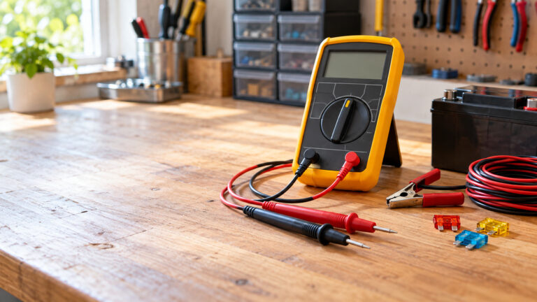 A close-up of a yellow continuity tester with leads and alligator clip on a workbench next to wire and fuses.