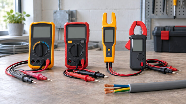 Fork-style and clamp-style current and voltage testers compared on an electrician workbench.