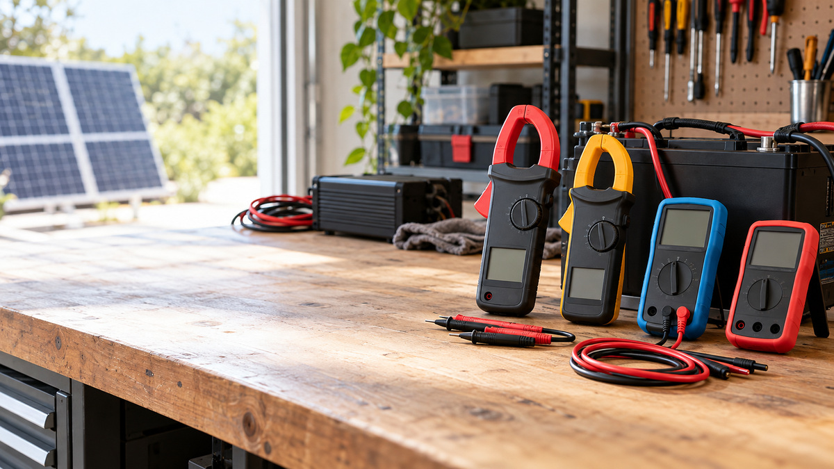 A lineup of clamp and panel meters for measuring direct current on vehicles and solar setups on a workbench.