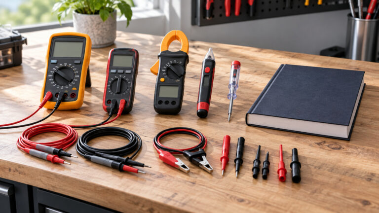Several DC electrical tester styles and color-coded leads are compared on a clean workbench.