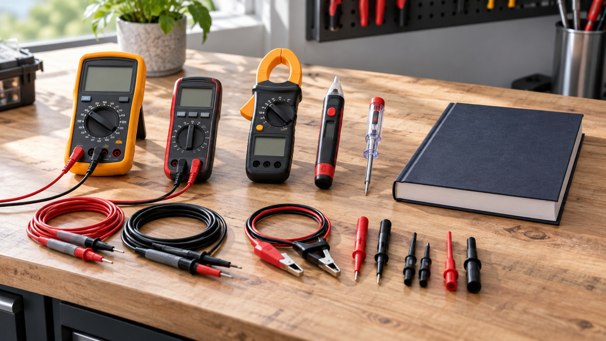 Several DC electrical tester styles and color-coded leads are compared on a clean workbench.