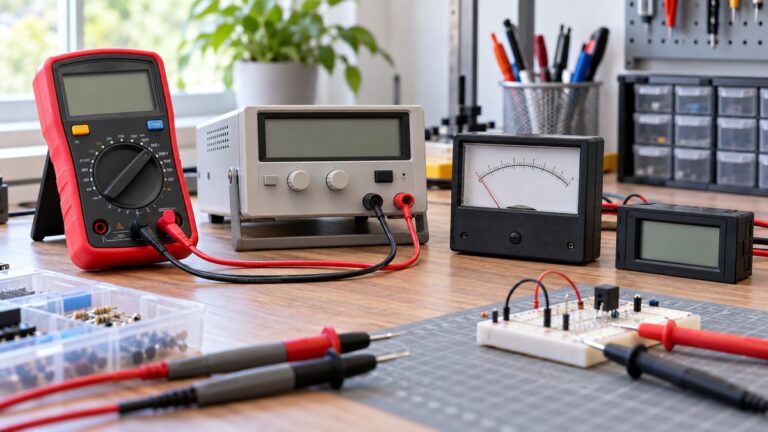 Generic DC volt meters and test leads arranged on an electronics workbench.