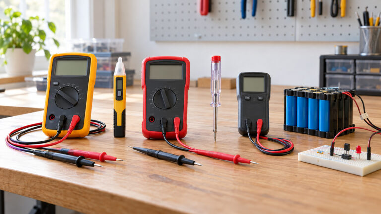 Several generic DC voltage checking tools beside a low-voltage circuit.