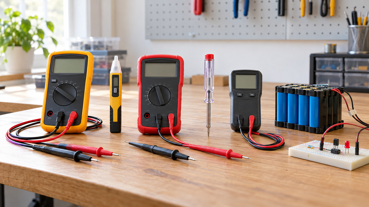 Several generic DC voltage checking tools beside a low-voltage circuit.