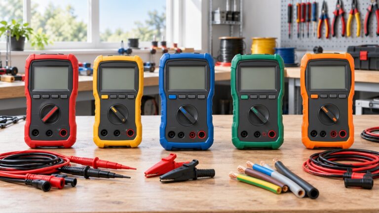 Five generic digital insulation testers stand with leads and cable samples on a workbench.
