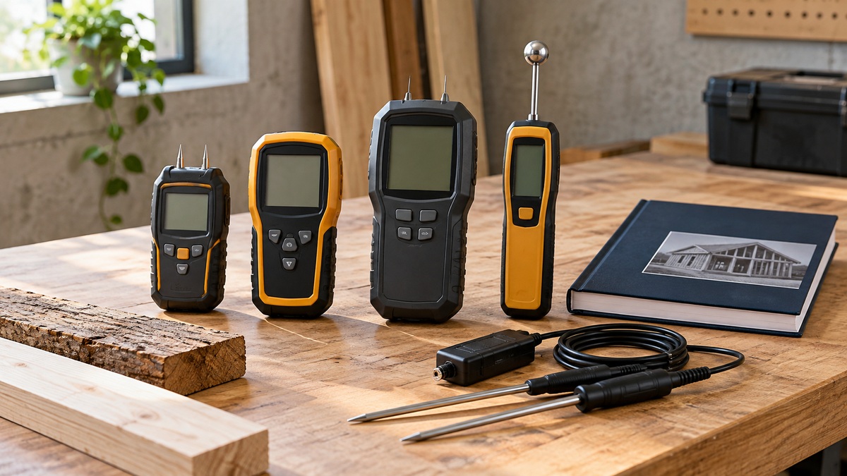 Several digital moisture testers and probe styles arranged on a bright woodworking bench.