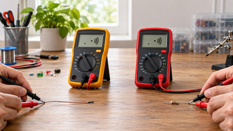 Editorial comparison scene featuring generic digital multimeter check continuity options in natural light.