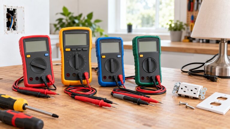 A selection of digital multimeters and test leads sits on a bright home workbench.