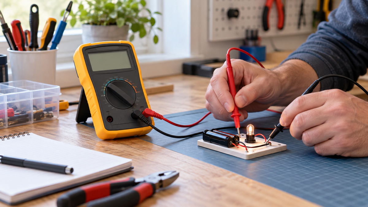 A generic digital multimeter measuring a low-voltage training circuit.