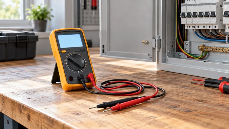 A handheld digital multimeter with red and black test leads resting on a workbench beside an open electrical panel cover, with the display showing a voltage reading.