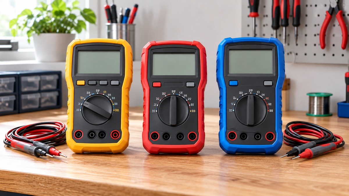 Three handheld digital multimeters lie in a row on a workbench, with their displays lit and test leads coiled beside them.