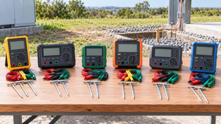 Six earth ground meters with test leads and stakes are arranged outdoors.