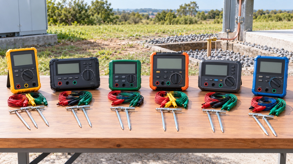 Six earth ground meters with test leads and stakes are arranged outdoors.