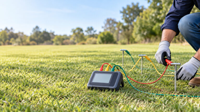 A technician placing ground test leads and rods outdoors beside a digital earth resistance meter on grass.
