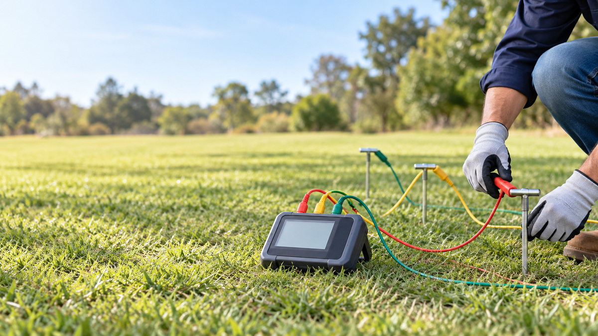 A technician placing ground test leads and rods outdoors beside a digital earth resistance meter on grass.