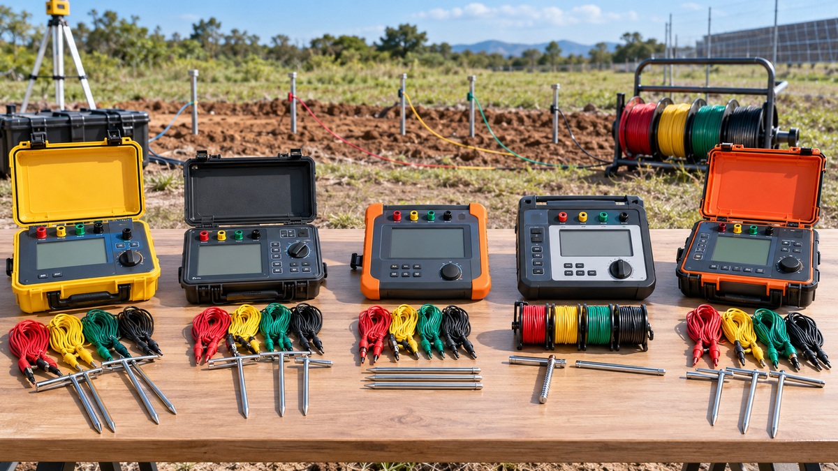 Five earth resistivity testers with leads and stakes are compared at a field worksite.