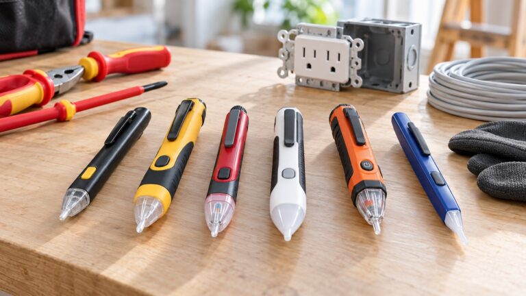 Six unbranded electrical detector pens arranged with insulated tools on a clean workbench.