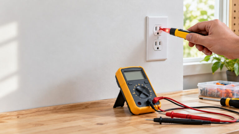 A close-up photograph of an electric tester pen checking an outlet with leads and multimeter nearby on a workbench.