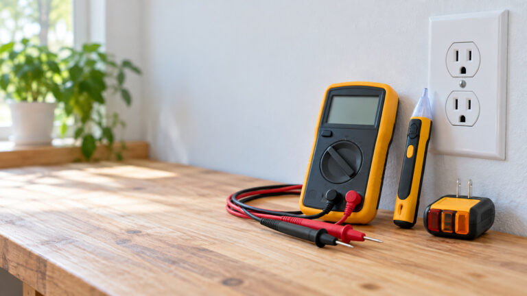 A close-up of an electrical outlet tester and a non-contact voltage pen beside a home outlet in clear light.