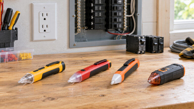 Four generic electricity detector tools on a bright home workshop bench.