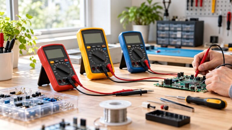 Generic electronic multi-testers arranged on a clean workbench.