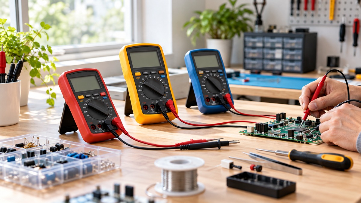 Generic electronic multi-testers arranged on a clean workbench.