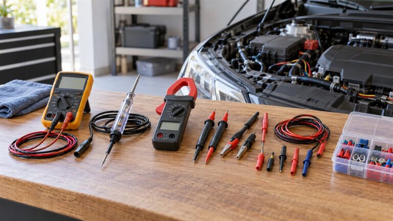 Generic automotive electrical testers and probe leads arranged on a garage workbench.