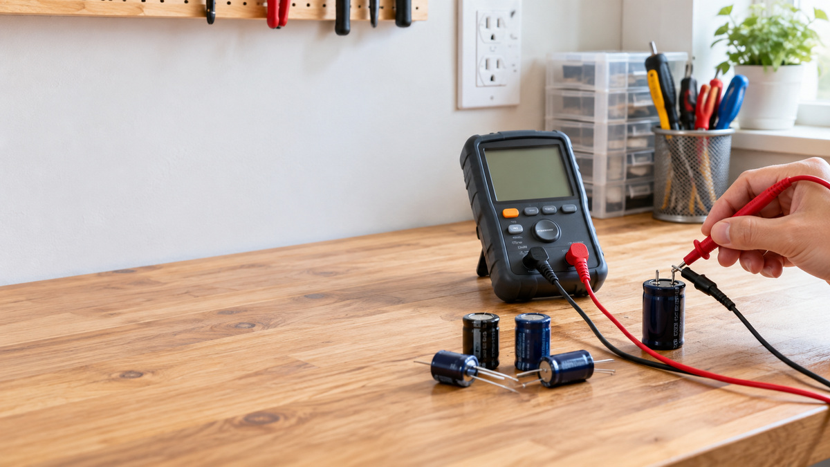 A bench view showing an ESR meter with leads and electrolytic capacitors ready for testing.