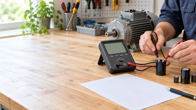 A technician probes capacitors with a bench electronic tester.