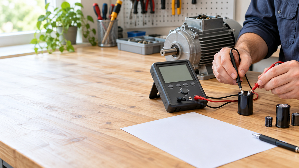 A technician probes capacitors with a bench electronic tester.
