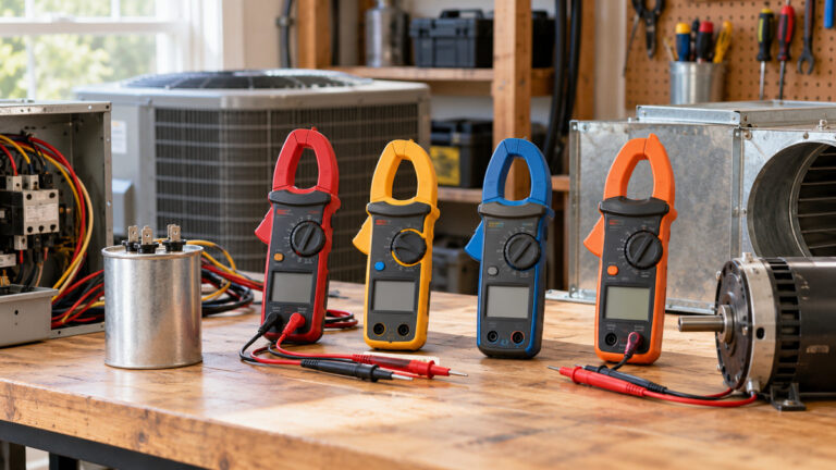 Four generic clamp meters arranged with HVAC components on a tidy workshop bench.