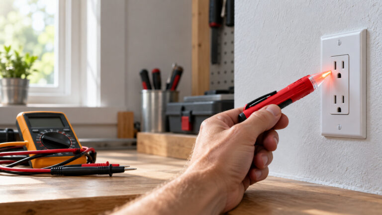 A close view of a red pen-style non contact voltage tester tip near an outlet with indicator lit.