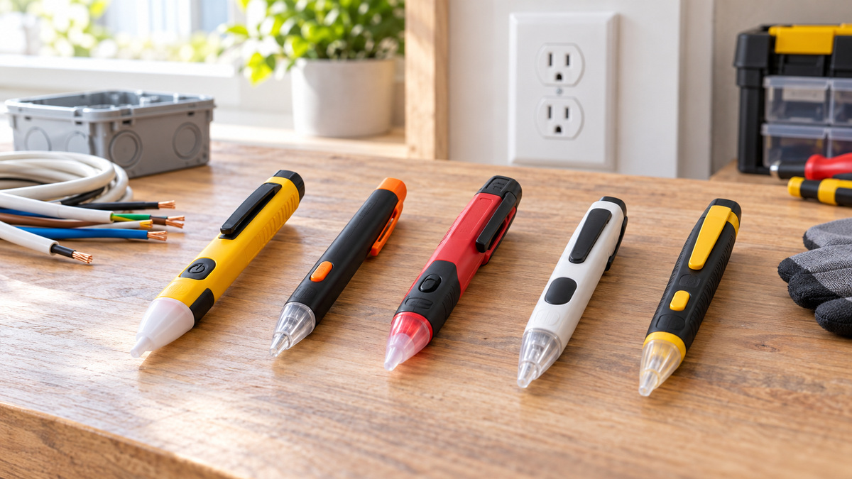 Several non-contact voltage detector styles arranged on a bright electrical workbench.
